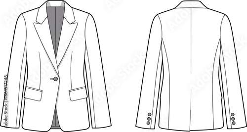 Front and back view technical flat sketch of formal blazer jacket, tailored coat design, vector fashion illustration, professional clothing template for apparel production, mockup style.