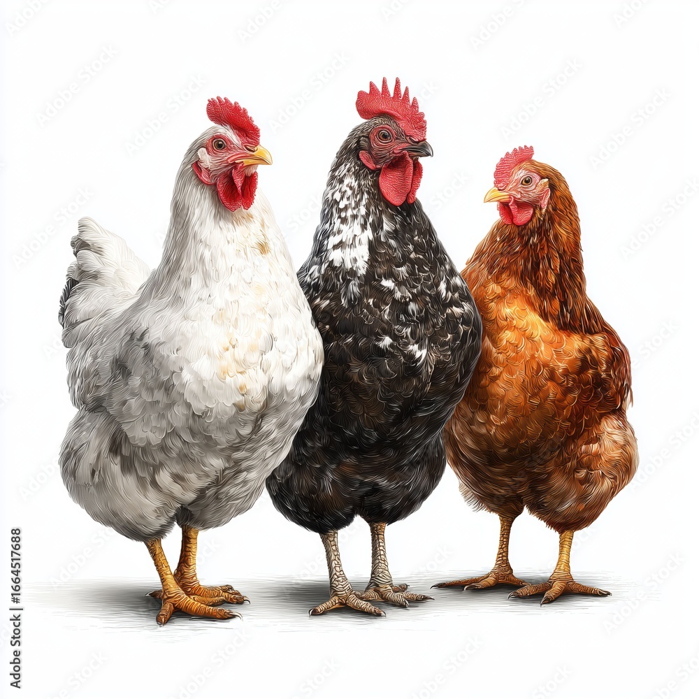 Fototapeta premium Three Beautiful Chickens in a Row , isolated on white background png
