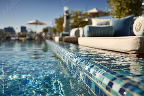 Rooftop pool edge with sun-drenched blue water and cushioned lounge seating