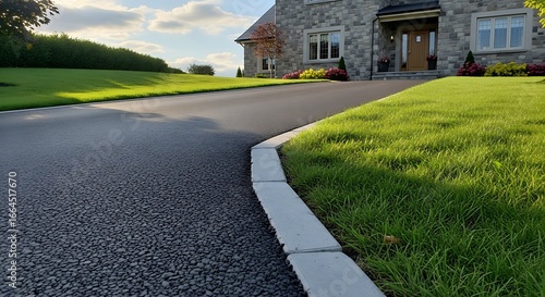 Pristine suburban curb appeal showcasing flawless asphalt driveway and lush lawn