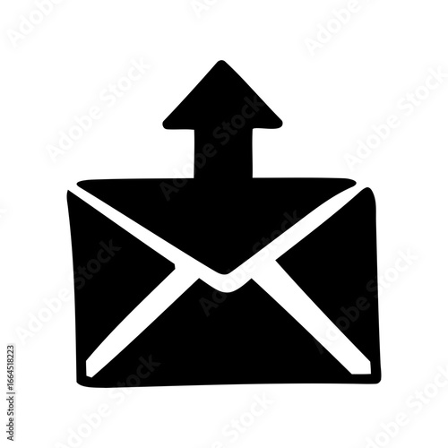 Black and white illustration of an outgoing email message with a distinct arrow