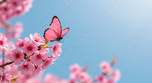Pink Butterfly on Spring Blossoms, Sunny Day