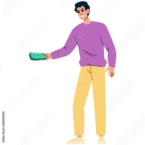 Young man giving money and smiling happily, generosity and financial support
