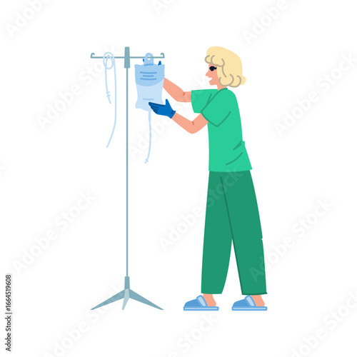 Nurse preparing saline solution bag for intravenous infusion therapy