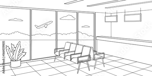 Airport interior graphic black white sketch illustration vector 