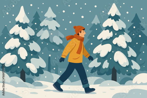 Man walking in a snowy winter forest. Vector illustration of a person hiking outdoors. Scenic landscape with snow-covered pine trees for Christmas and holiday season concepts.