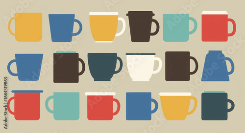 A vibrant collection of colorful coffee mugs and tea cups arranged in a neat grid pattern for various beverages