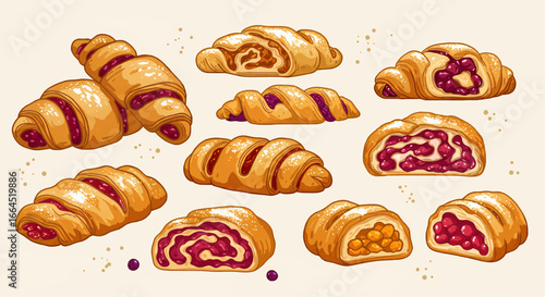 Delicious Pastries Croissants, Buns, and Rolls Filled with Sweet Fruits and Berries