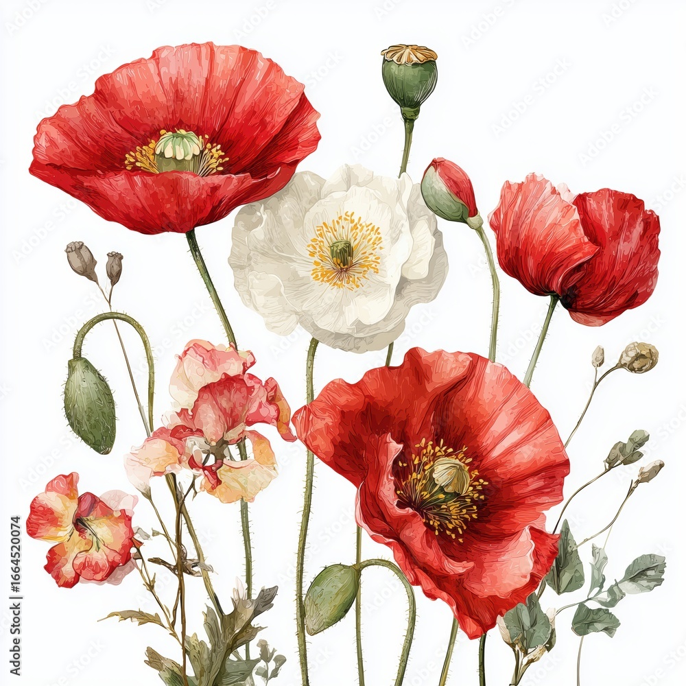 Obraz premium Vibrant Poppy Bouquet Illustration , isolated on white background png