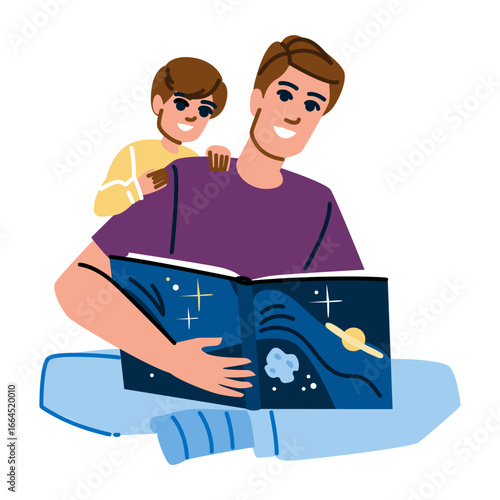 Father reading a space book with son on his shoulders