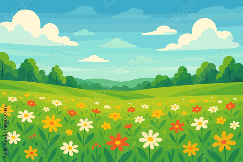 Summer spring landscape with flower meadow and green hills. Vector illustration of a beautiful nature scene with flowers, trees, blue sky and clouds. Cartoon countryside background.