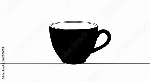 Modern black silhouette coffee cup with white liquid, a sleek minimalist continuous line art graphic