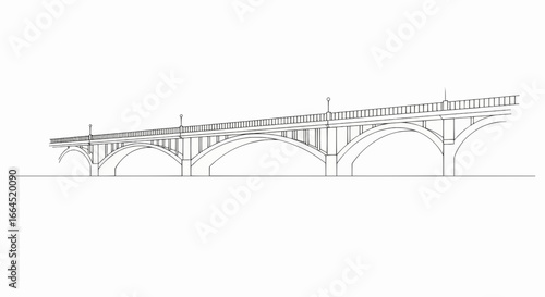 Illustration of a classic arched bridge with ornate lampposts spanning a waterway under a clear sky