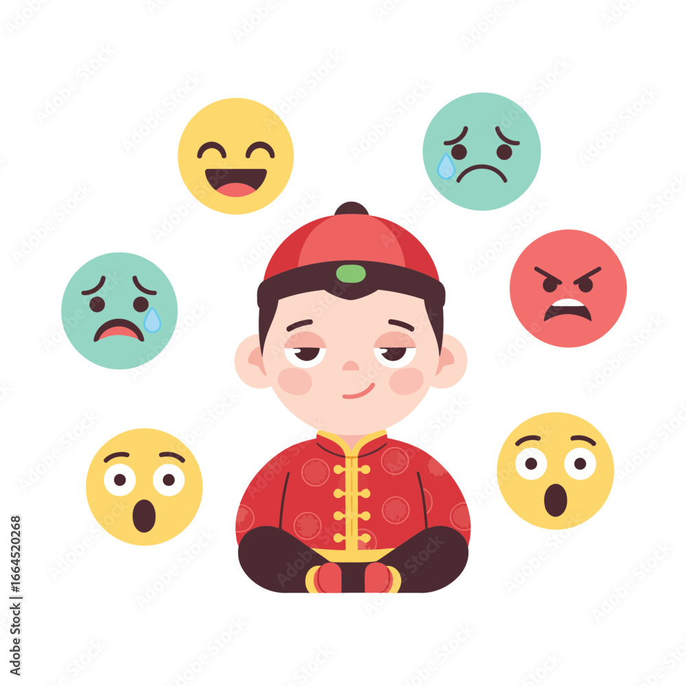 Naklejka premium Modern flat vector of a relaxed Chinese boy cartoon with emoticons—happy, sad, angry, surprised. Perfect asset for apps, web, and creative design projects.