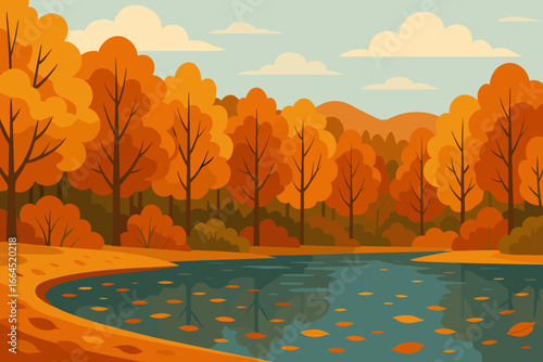 Autumn landscape with orange forest and lake. Vector illustration of a fall scene with trees reflecting in water. Beautiful seasonal nature background with fallen leaves. Modern flat design.