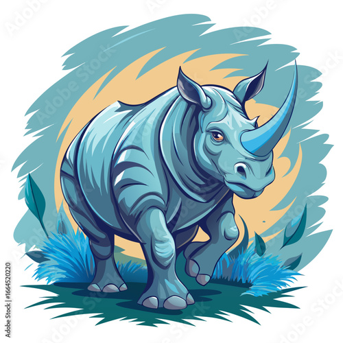 vector illustration of rhino, charging, watercolor
