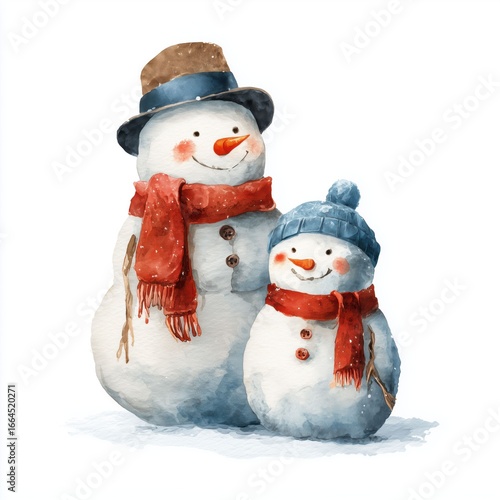 Two Cute Snowmen Watercolor Illustration , isolated on white background png