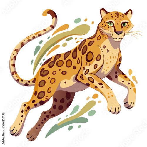 vector illustration of leopard, leaping, watercolor