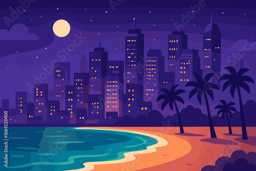 City night landscape with beach and palm trees. Modern flat vector cartoon illustration. Tropical seashore with ocean waves and a starry sky. Downtown skyline with glowing windows.