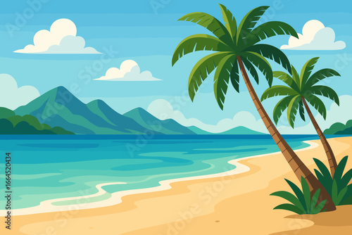 Tropical beach landscape with palm trees and ocean waves. Summer vacation on a paradise island with sandy coast. Seascape with mountains. Flat design vector illustration.