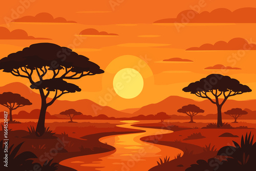 African savanna landscape at sunset with acacia trees and river. Flat vector illustration of safari park in Africa. Wild nature background for travel poster or banner concept.