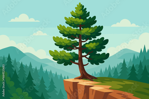 Pine tree on a cliff edge overlooking a mountain forest. Coniferous tree landscape vector illustration. Nature wilderness scenery background. Outdoor travel adventure concept cartoon.