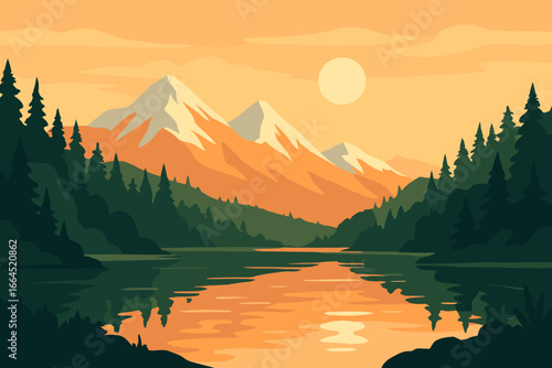 Vector landscape with mountain lake at sunset. Forest and snow-capped peaks reflection in water. Flat design for travel poster. Tranquil nature scenery illustration background.