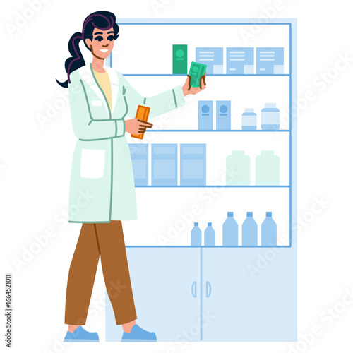 Pharmacist holding medicine and money in pharmacy drugstore