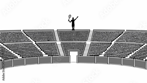 Illustration of a tennis player standing on a stadium with full seats raising a racket in the air silhouette
