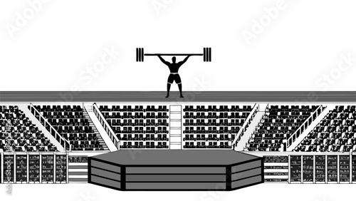 Weightlifter silhouette lifting barbell in front of stadium seating and stage in black and white drawing