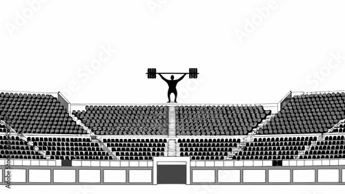 Silhouette of weightlifter lifting barbell in stadium with seating for spectators in black and white style