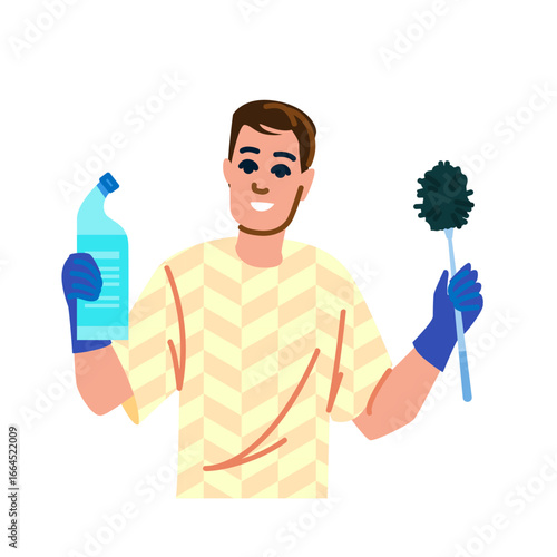 Smiling man holding cleaning products and toilet brush