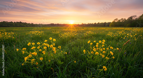 Sunset over Wildflower Meadow, Golden Hour Light