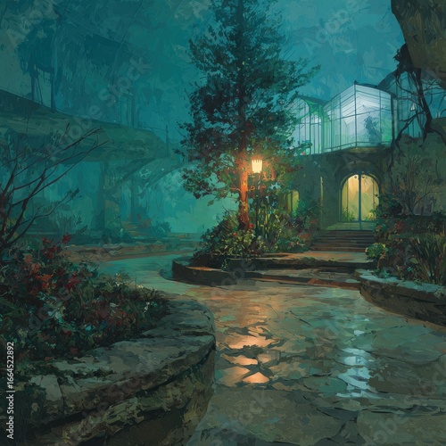 Misty, garden path leads to a glass house