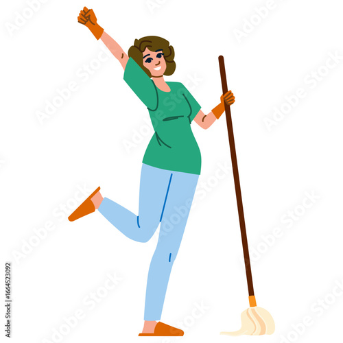Happy cleaning lady dancing and holding mop