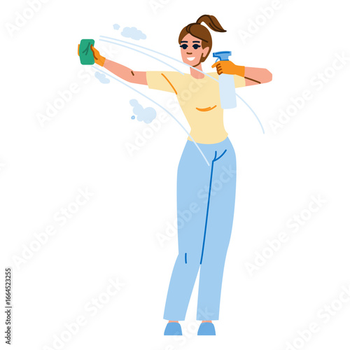 Smiling cleaning lady using detergent and cloth while cleaning a window