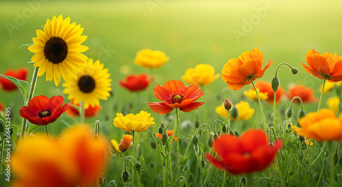 Sunflowers and Poppies in Summer Meadow