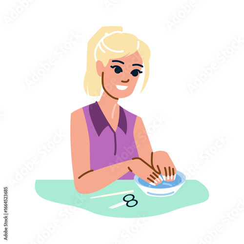 Beautician soaking customer's hands in bowl for manicure treatment