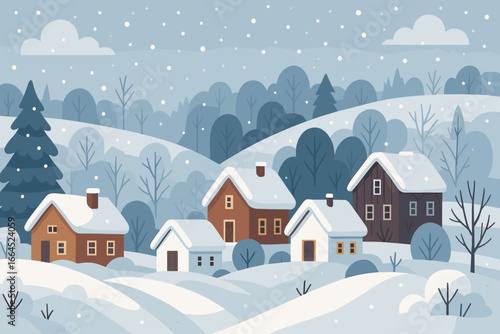 Winter landscape with cozy houses in a snowy village. Rural countryside scene with snow-covered trees and hills. Christmas holiday background. Modern flat vector cartoon illustration.