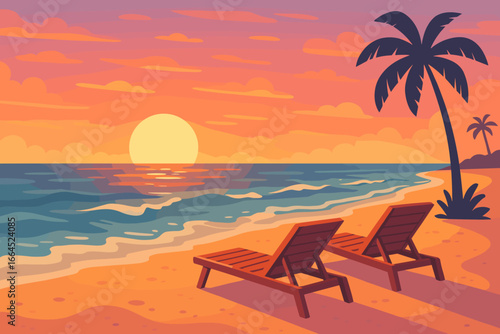 Tropical beach sunset with palm tree silhouette. Vector landscape of a romantic evening on the seashore with two empty sun loungers. Seascape concept for travel and vacation.