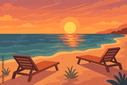 Romantic beach sunset landscape with two sun loungers on the seashore. Beautiful seascape for travel banner. Evening vacation concept. Modern flat cartoon vector illustration.