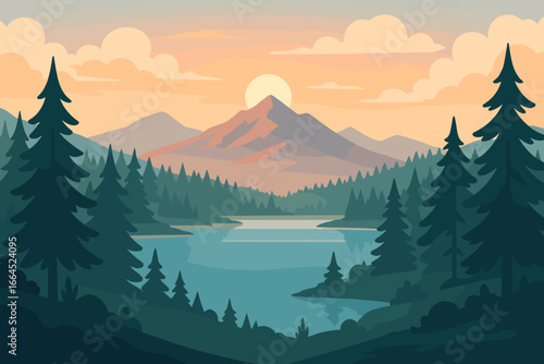 Landscape vector illustration of a forest with a lake and mountains. Beautiful scenery with coniferous trees and clouds at sunrise or sunset. Modern flat design for nature concepts.