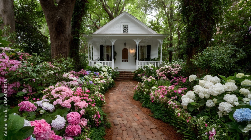 Fototapeta premium Beautiful photograph of a pristine white cottage-style house with a welcoming front porch, surrounded by a lush garden filled with blooming pink, blue, and white hydrangeas.