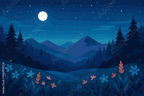 Night mountain landscape with a beautiful forest of fir trees and flowers. Starry sky with a full moon over a tranquil valley. Vector for nature, hiking and outdoor concepts.