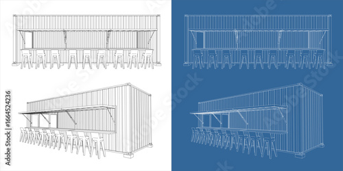 Blueprint shipping container concession stand front and perspective view