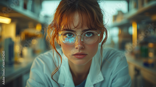 In a sleek, white laboratory, a scientist, cloaked in lab coat, meticulously examines a vibrant blue liquid in a beaker under a magnifying glass, the air thick with the hum of scientific equipment 