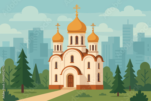 Orthodox christian church with golden domes in a modern city park. Urban landscape with skyscraper backdrop. Vector illustration of faith, spirituality, and religious architecture.