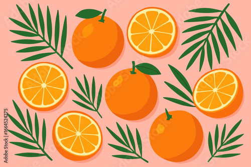Tropical summer fruit seamless pattern. Fresh juicy oranges and palm leaves background. Healthy food concept. Organic citrus fruit, vitamin C. Flat vector cartoon illustration design.