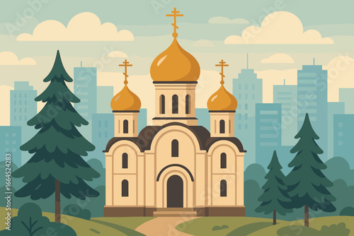 Orthodox christian church with golden domes against modern city skyline. Religious building, cathedral architecture in urban landscape with trees. Vector spiritual concept illustration.
