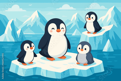 Cute penguin family cartoon characters on an iceberg. Arctic or Antarctic winter landscape with glaciers and water. Vector illustration for children, postcard, or nature poster.